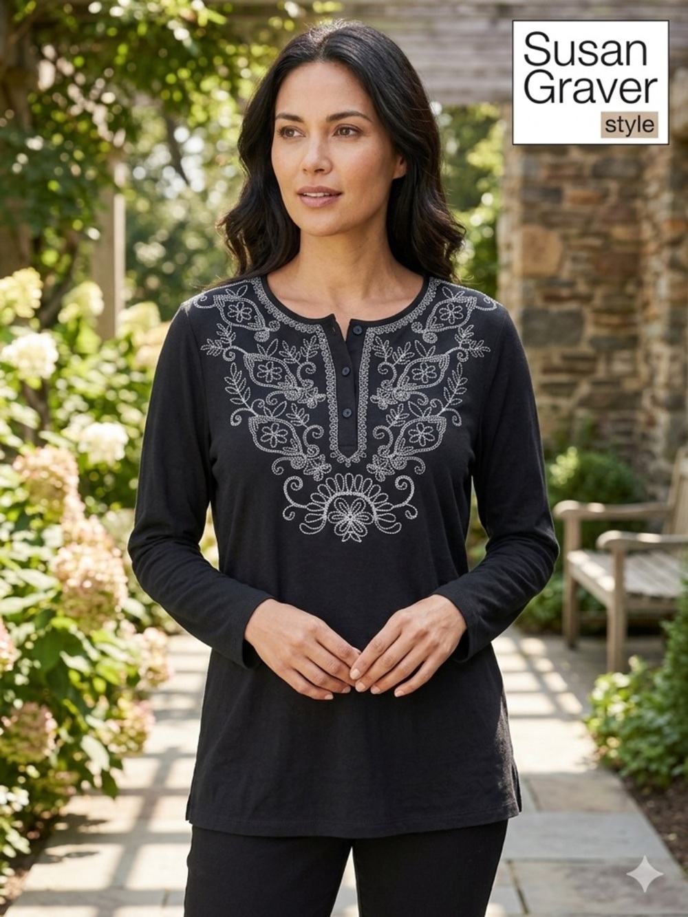 Susan Graver Black Long-Sleeve Tunic with White Floral Embroidery